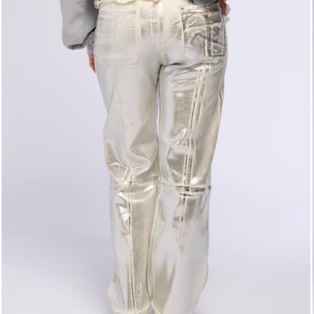 CALLIE LIVES MIZ METALLIC CREAM AKIRA Silver Coated Wide Leg Stretch Jeans M - Picture 6 of 6